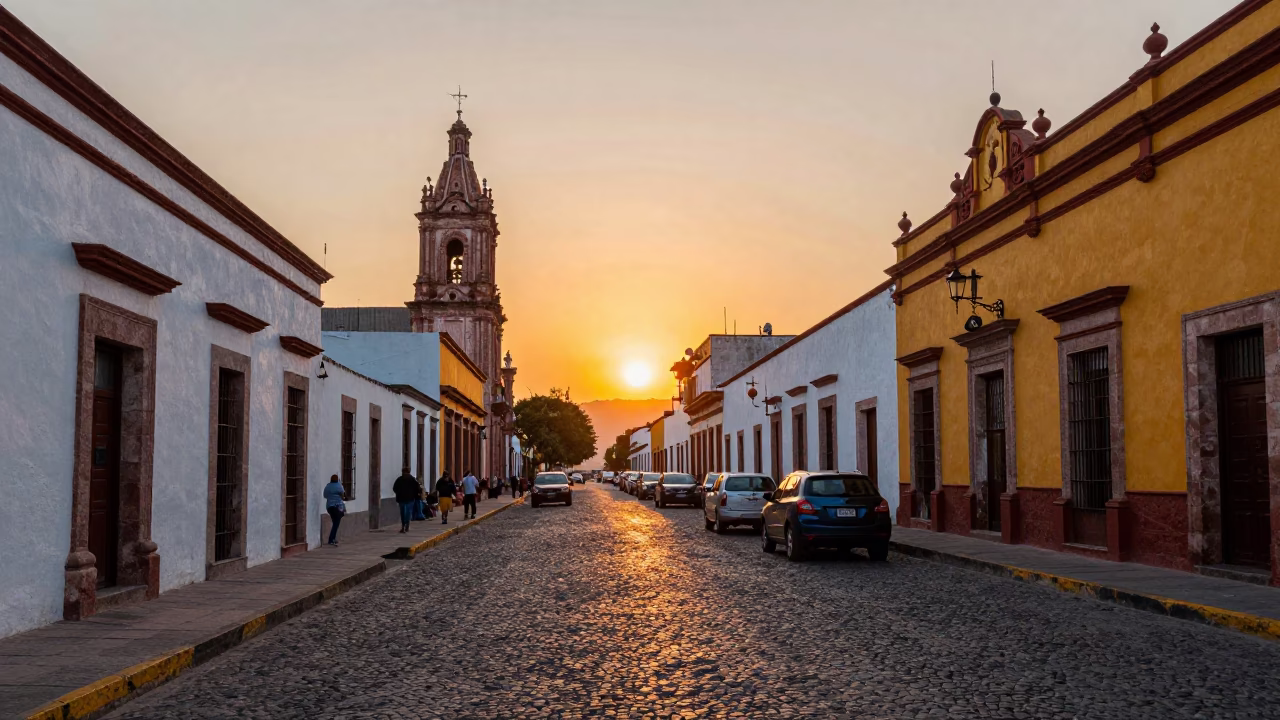 Vibrant Guadalajara Mexico Sunset Street Scene with Colorful Architecture and Local Market Activity in in Guadalajara, Mexico