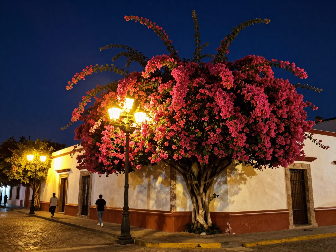 Vibrant Guadalajara Night Street Scene with Bougainvillea and Local Street Life in in Guadalajara, Mexico