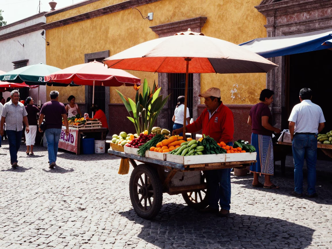 Vibrant Guadalajara Street Market Midmorning with Bird of Paradise Flower and Local Vendor in in Guadalajara, Mexico