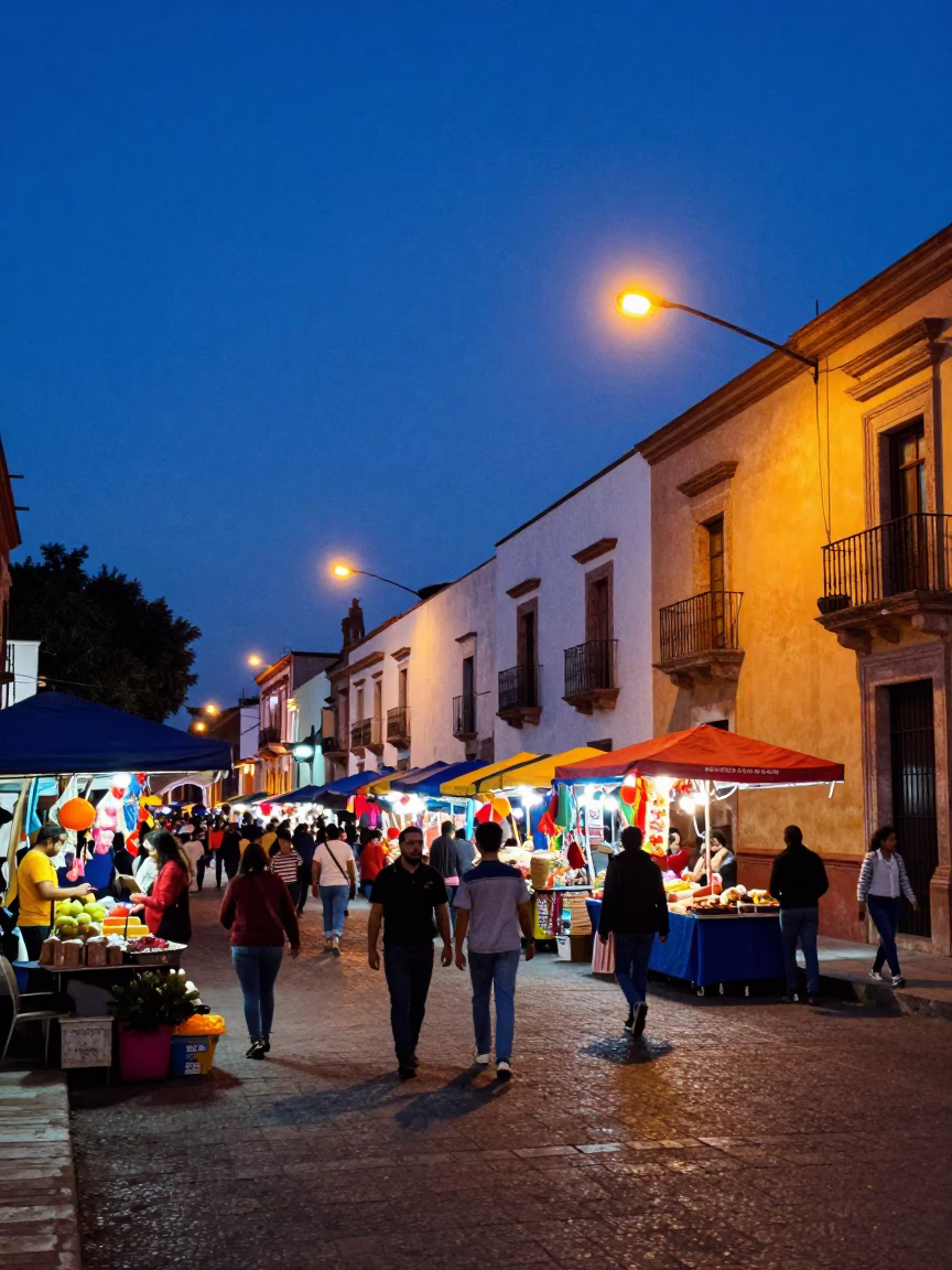 Vibrant Guadalajara Street Scene at Blue Hour with Colorful Market Stalls and Busy Pedestrians in in Guadalajara, Mexico