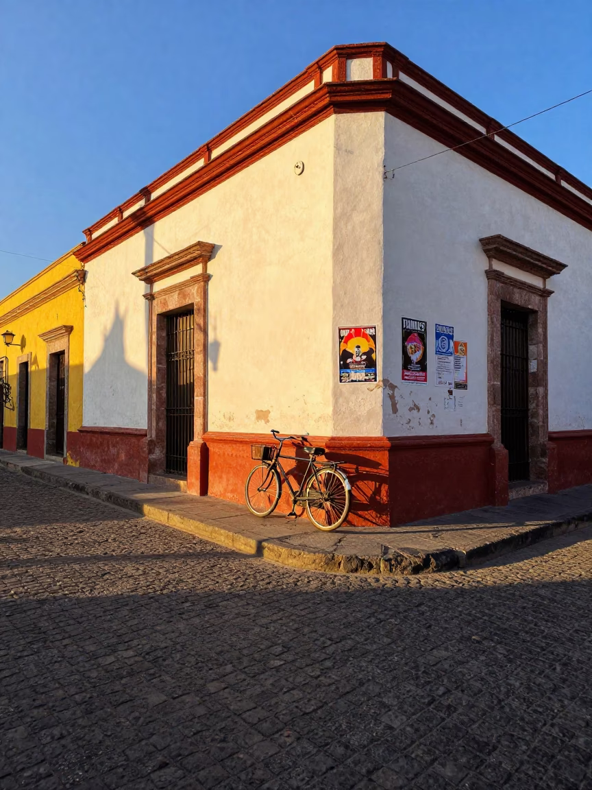 Vibrant Guadalajara Street Scene at Golden Hour with Vintage Bicycle and Local Market Activity in in Guadalajara, Mexico