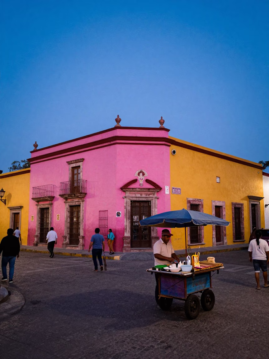 Vibrant Guadalajara Street Scene at Indigo Twilight with Colorful Architecture and Local Life in in Guadalajara, Mexico