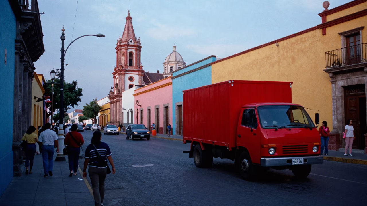 Vibrant Guadalajara Street Scene at Nautical Dawn with Colorful Truck and Local Life in in Guadalajara, Mexico