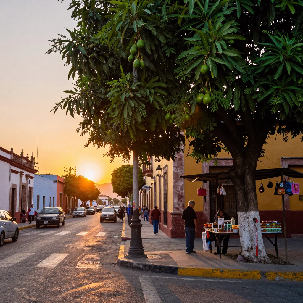 Vibrant Guadalajara Street Scene at Sunset with Avocado Tree and Local Market Activity in in Guadalajara, Mexico