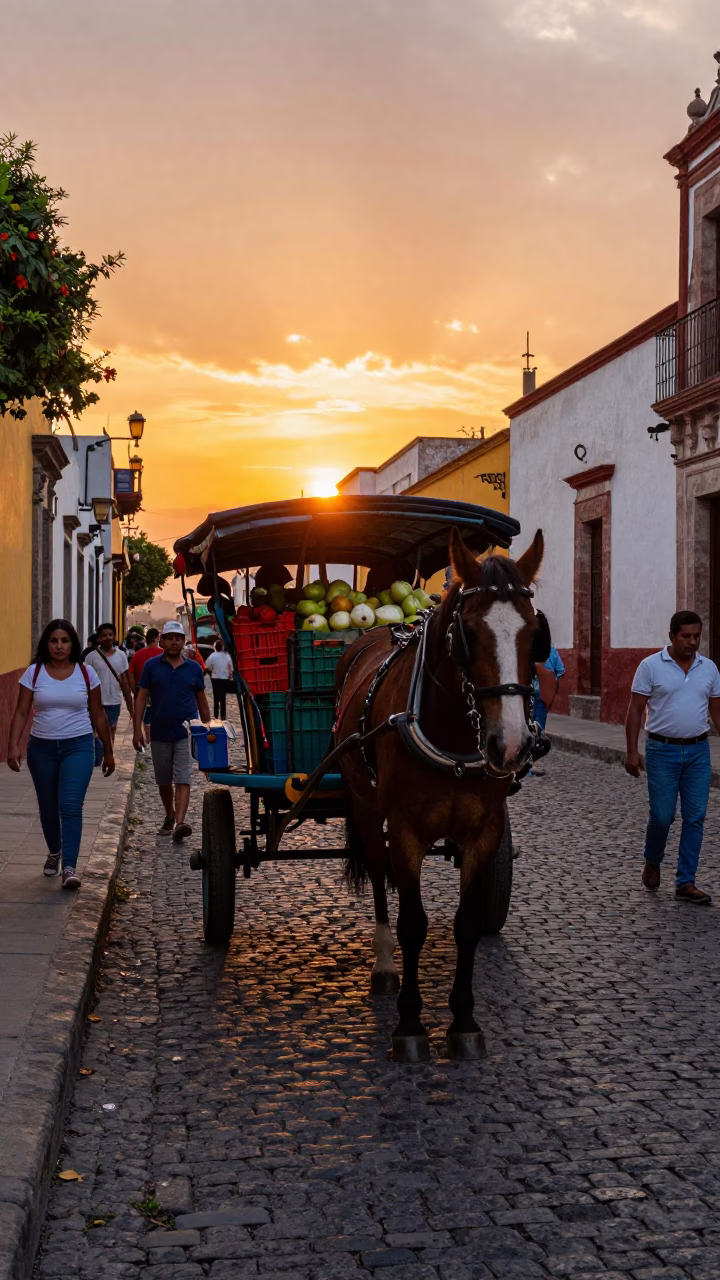 Vibrant Guadalajara Street Scene at Sunset with Horse-Drawn Cart and Local Market Activity in in Guadalajara, Mexico