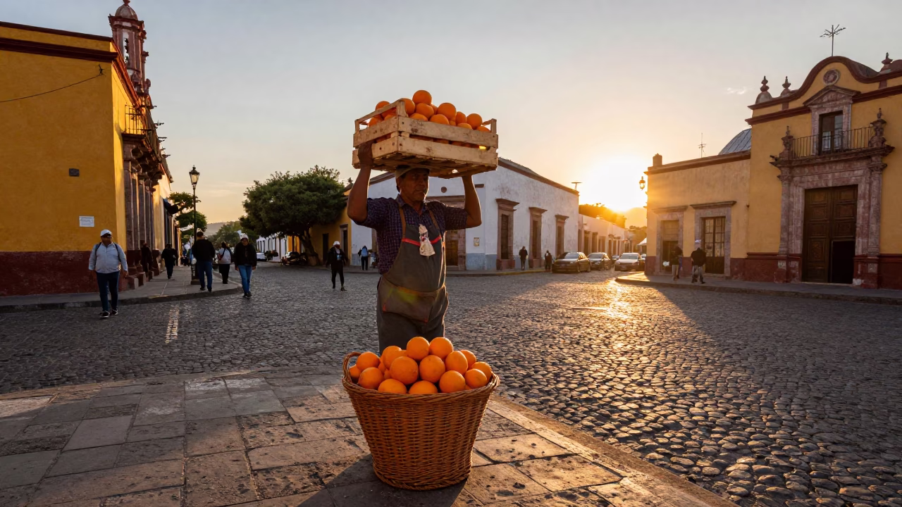 Vibrant Guadalajara Street Scene at Sunset with Wicker Basket and Fruit Crate in in Guadalajara, Mexico