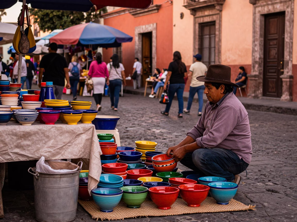 Vibrant Guadalajara Street Scene in Copper Toned Light Before Dusk in in Guadalajara, Mexico