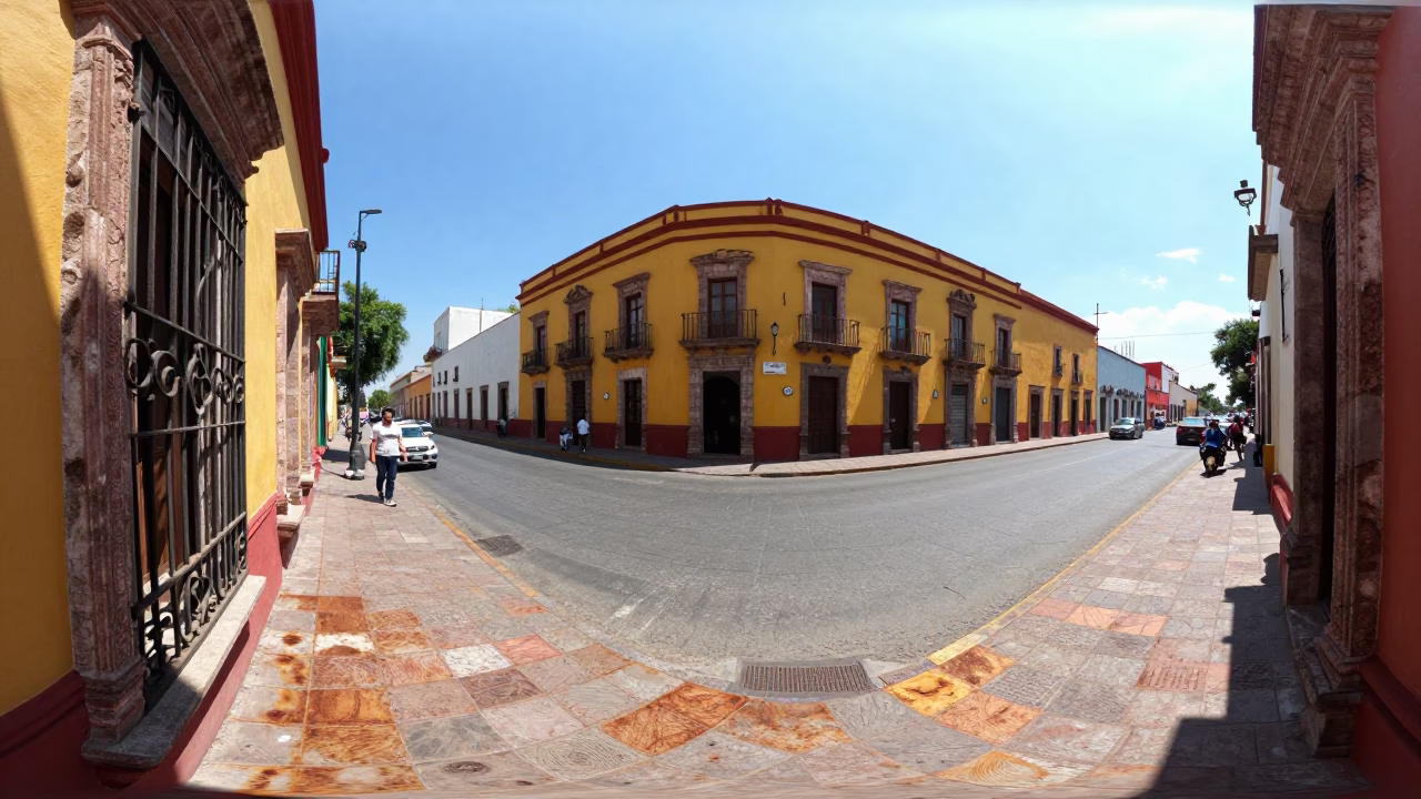Vibrant Guadalajara Street Scene Midday with Rusty Tile Grout and Local Color in in Guadalajara, Mexico