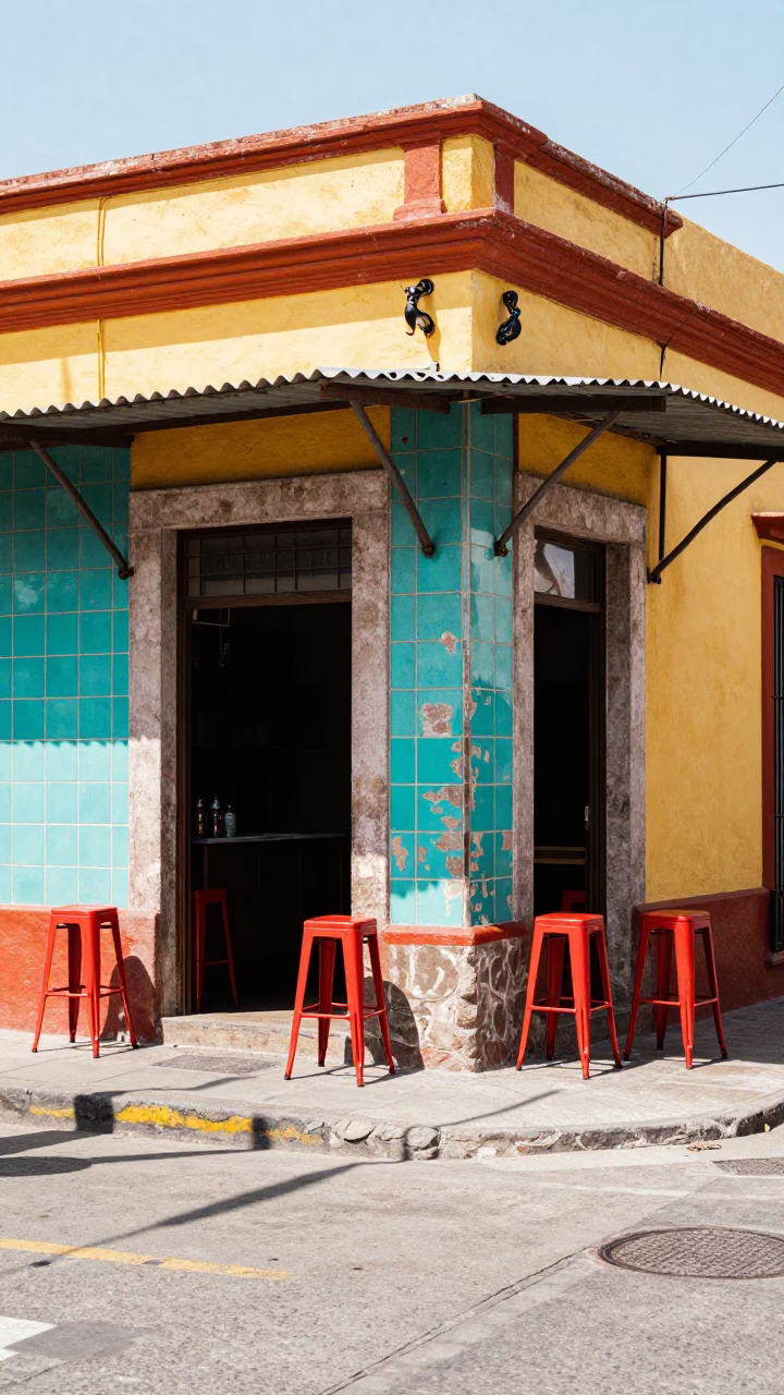 Vibrant Guadalajara Street Scene with Bar Stools and Local Commerce in Bright Midmorning Light in in Guadalajara, Mexico