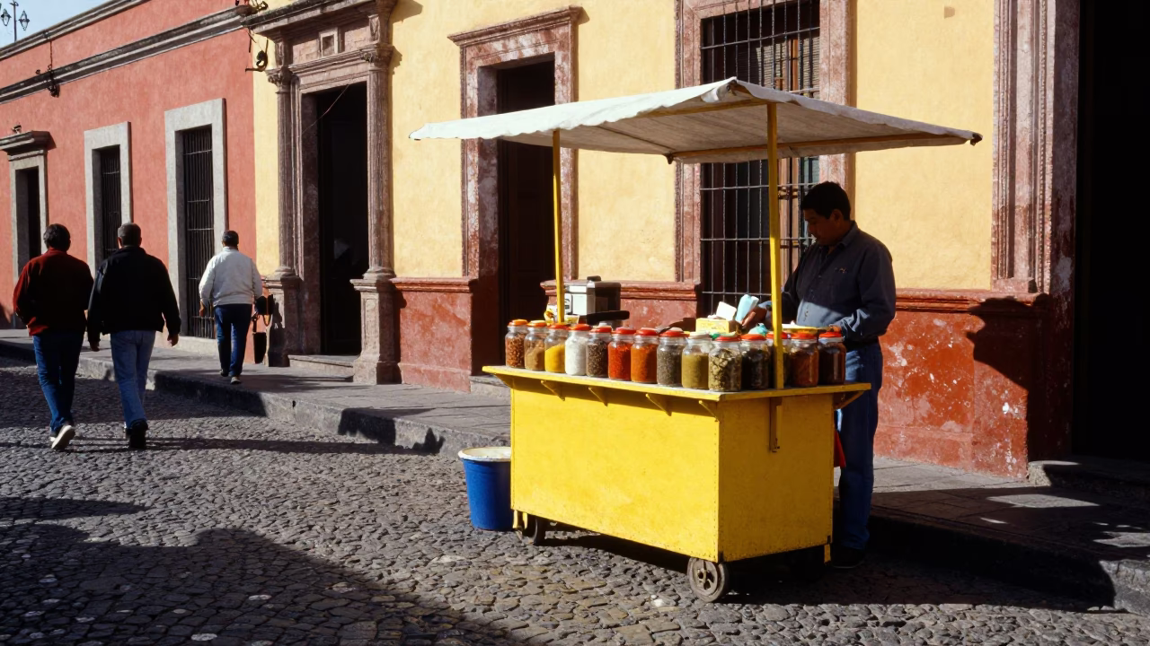 Vibrant Guadalajara Street Scene with Colorful Market Stall and Traditional Architecture in in Guadalajara, Mexico