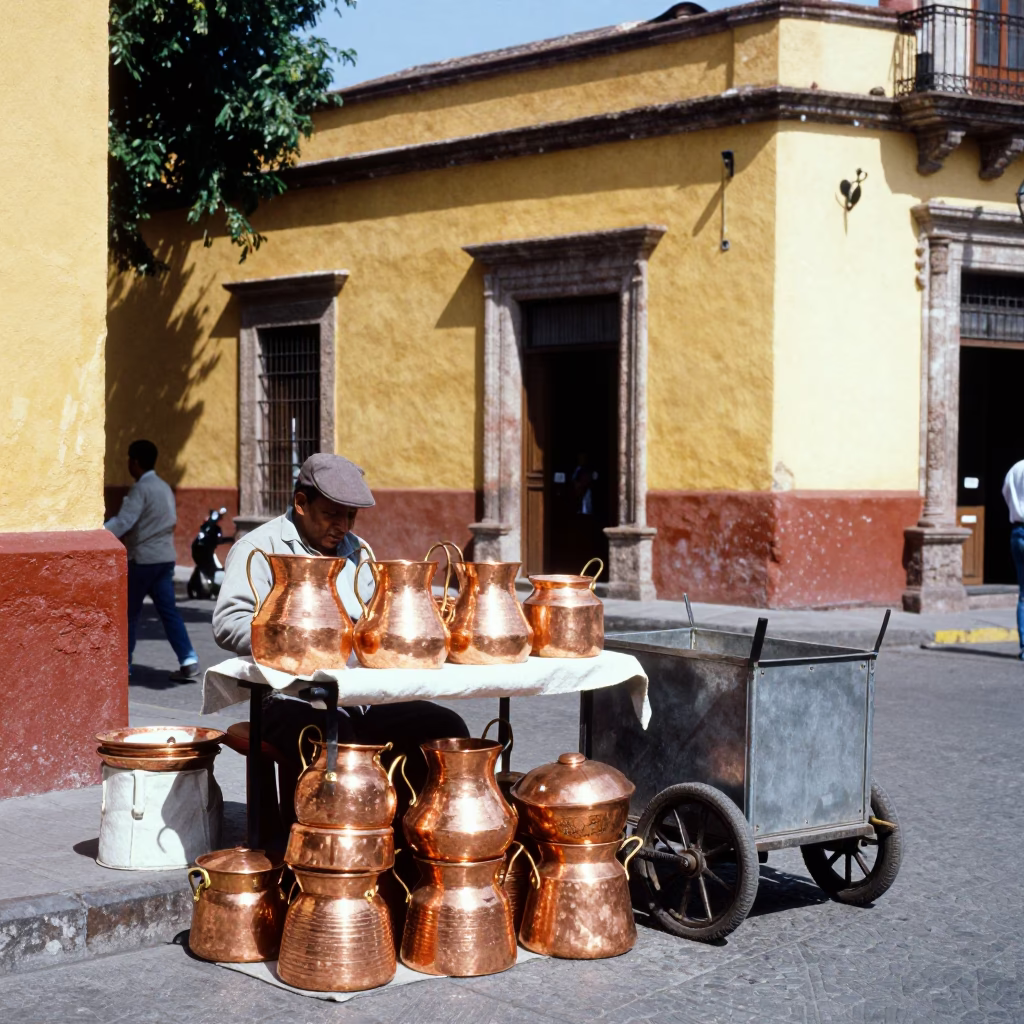 Vibrant Guadalajara Street Scene with Copper Pots and Rolling Carts in in Guadalajara, Mexico