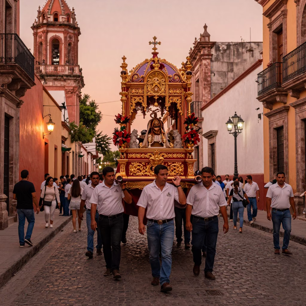 Vibrant Guadalajara Street Scene with Processional Float Before Dusk in in Guadalajara, Mexico