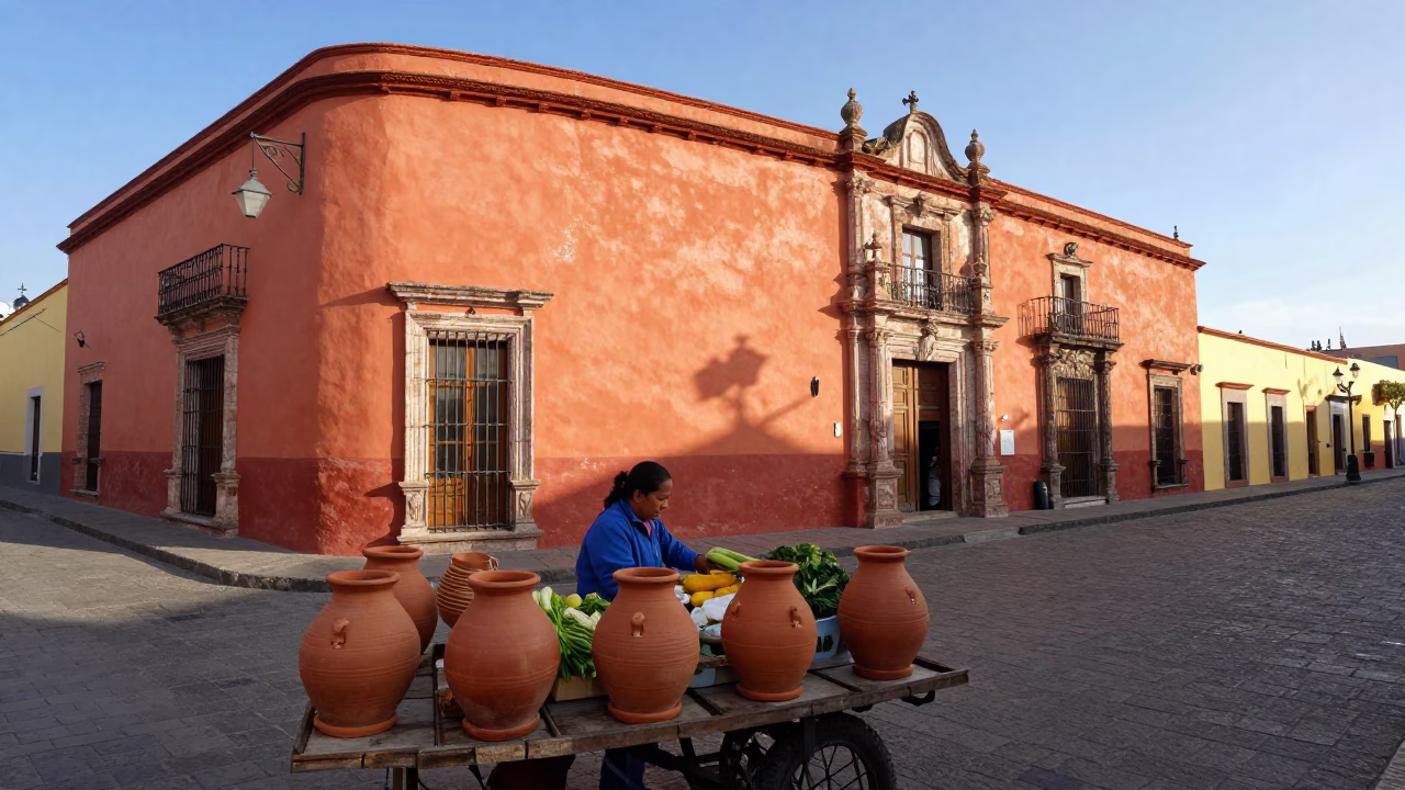 Vibrant Guadalajara Street Scene with Terracotta Pots and Colonial Architecture in Early Afternoon in in Guadalajara, Mexico