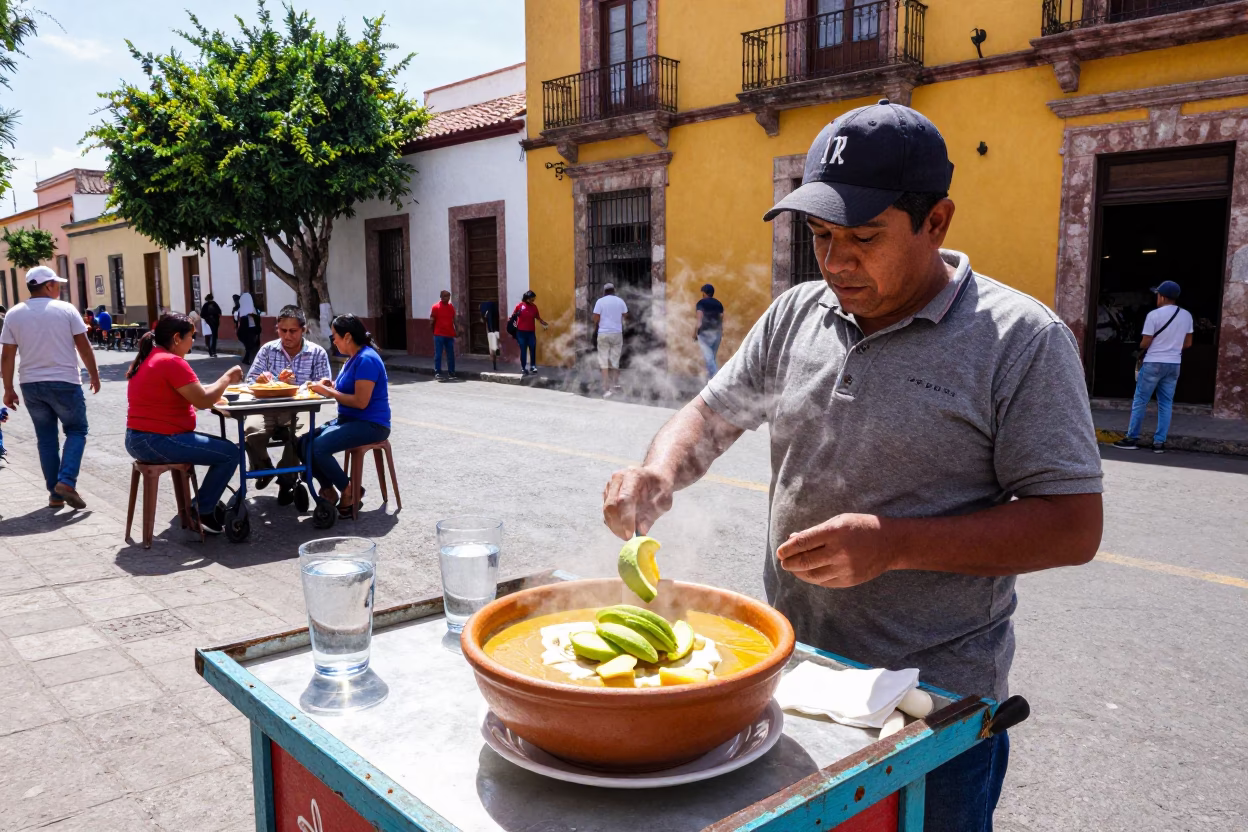 Vibrant Guadalajara Street Scene with Tortilla Soup and Water Tower in Bright Midmorning Light in in Guadalajara, Mexico
