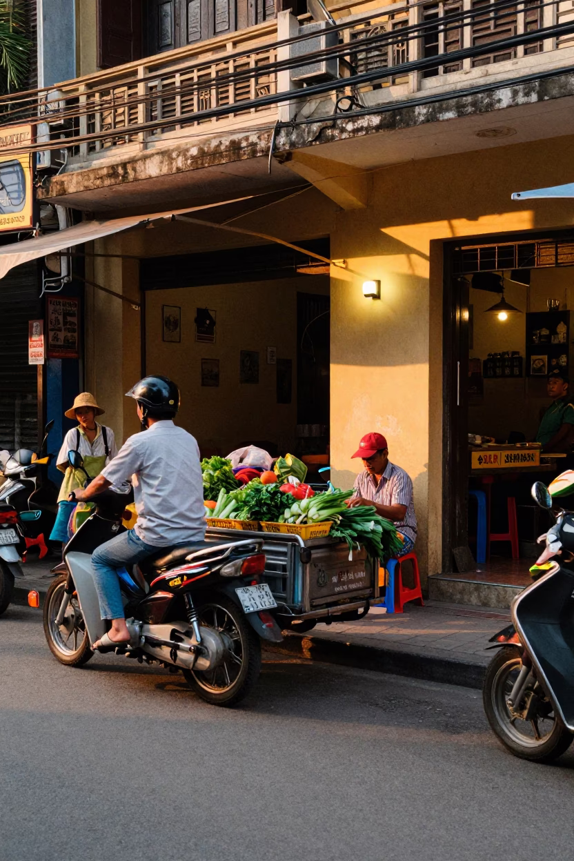Vibrant Hanoi Street Scene at Sunset with Local Market Activity and Fig Tree in in Hanoi, Vietnam