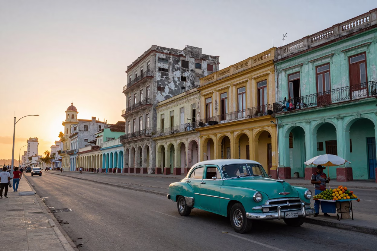 Vibrant Havana Cuba Street Scene at Sunset with Classic American Cars and Local Life in in Havana, Cuba