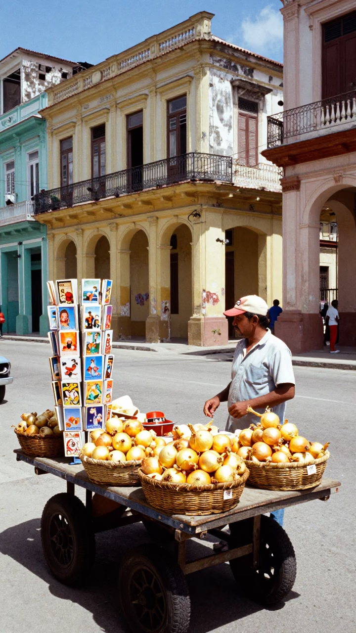 Vibrant Havana Cuba Street Scene with Postcards and Onions in Bright Midmorning Light in in Havana, Cuba