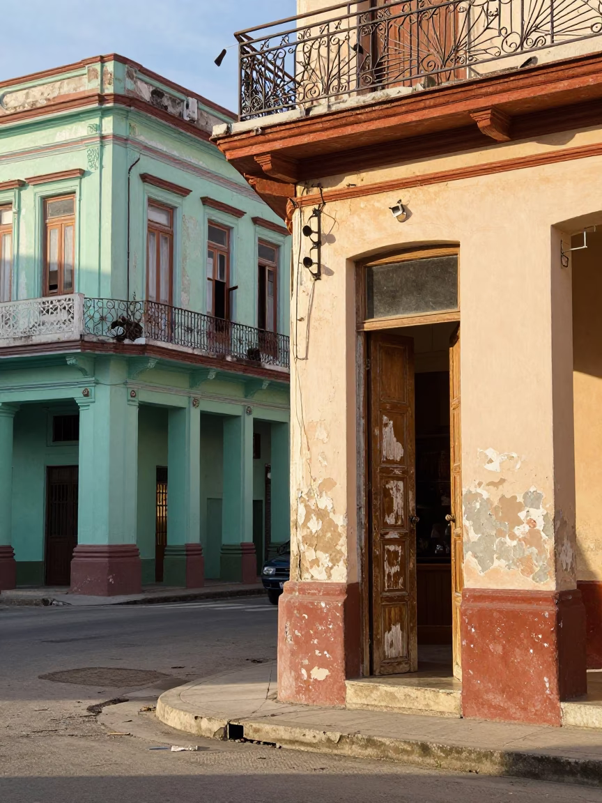Vibrant Havana Street Corner Late Morning with Colorful Architecture and Local Life in in Havana, Cuba