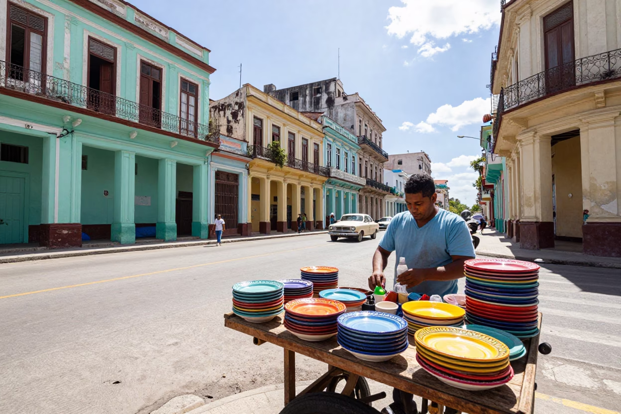 Vibrant Havana Street Corner Midmorning with Colorful Plates and Lively Local Interaction in in Havana, Cuba
