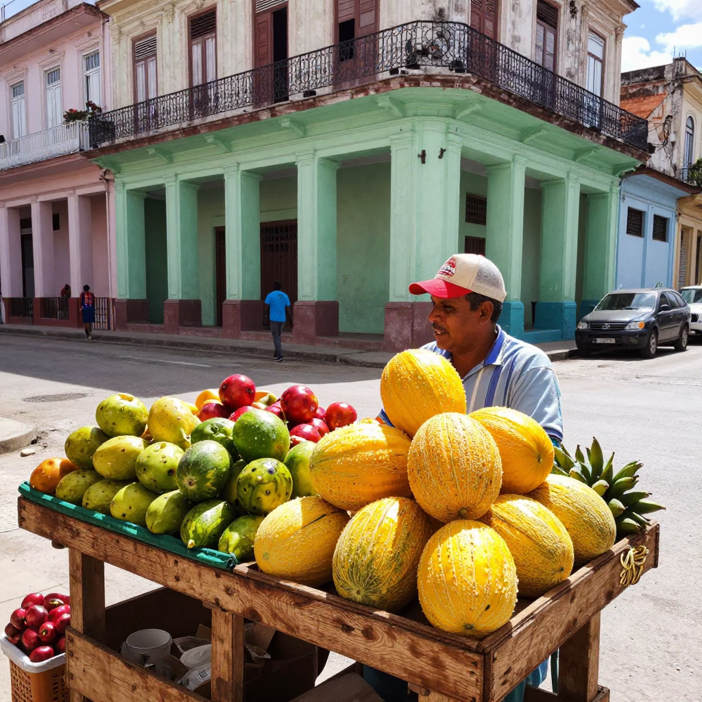 Vibrant Havana Street Corner with Fruit Stand and Nickel Latch Detail in in Havana, Cuba
