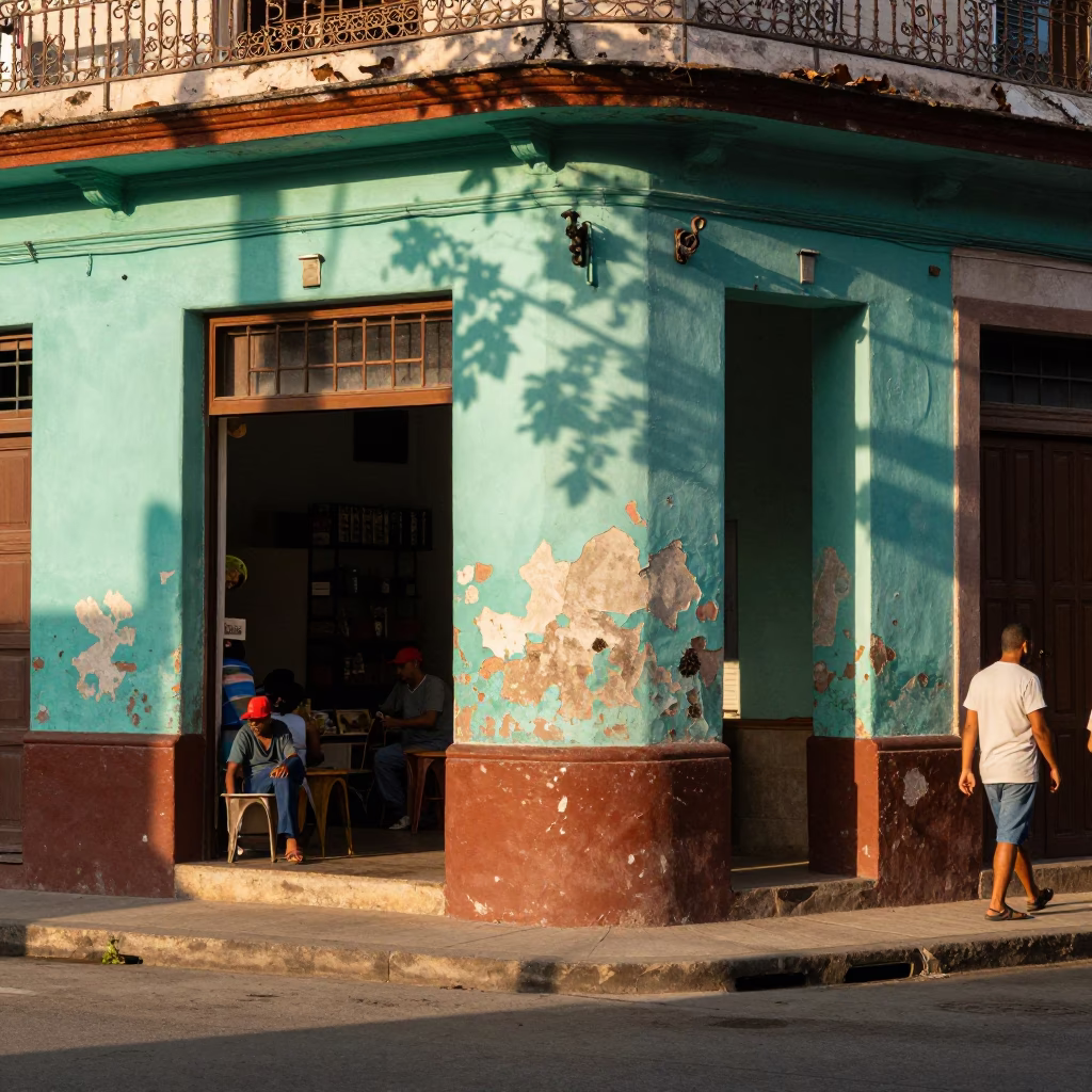 Vibrant Havana street corner with peeling paint and afternoon light in in Havana, Cuba