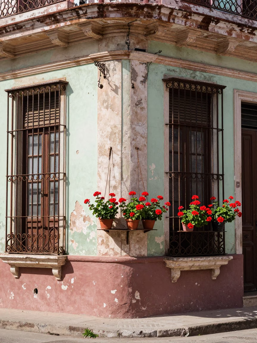 Vibrant Havana Street Corner with Potted Geraniums and Glass Jar in Midmorning Light in in Havana, Cuba