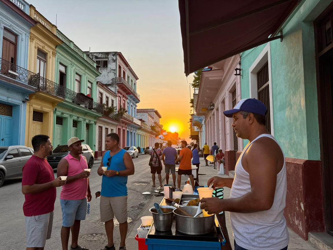 Vibrant Havana Street Food Scene at Sunset with Colorful Bowls and Local Diners in in Havana, Cuba