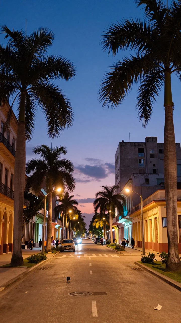Vibrant Havana Street Scene at Dusk with Palm Trees and Colorful Architecture in in Havana, Cuba