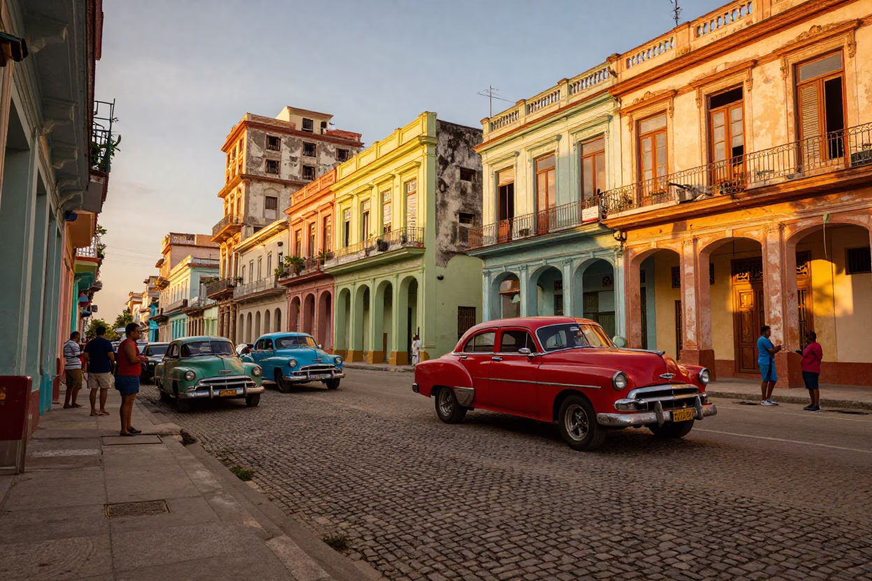 Vibrant Havana Street Scene at Golden Hour with Colorful Vintage Cars and Local Life in in Havana, Cuba