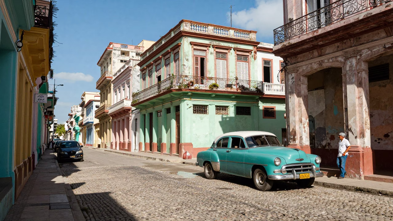 Vibrant Havana Street Scene at Midday with Colorful Architecture and Daily Life in in Havana, Cuba