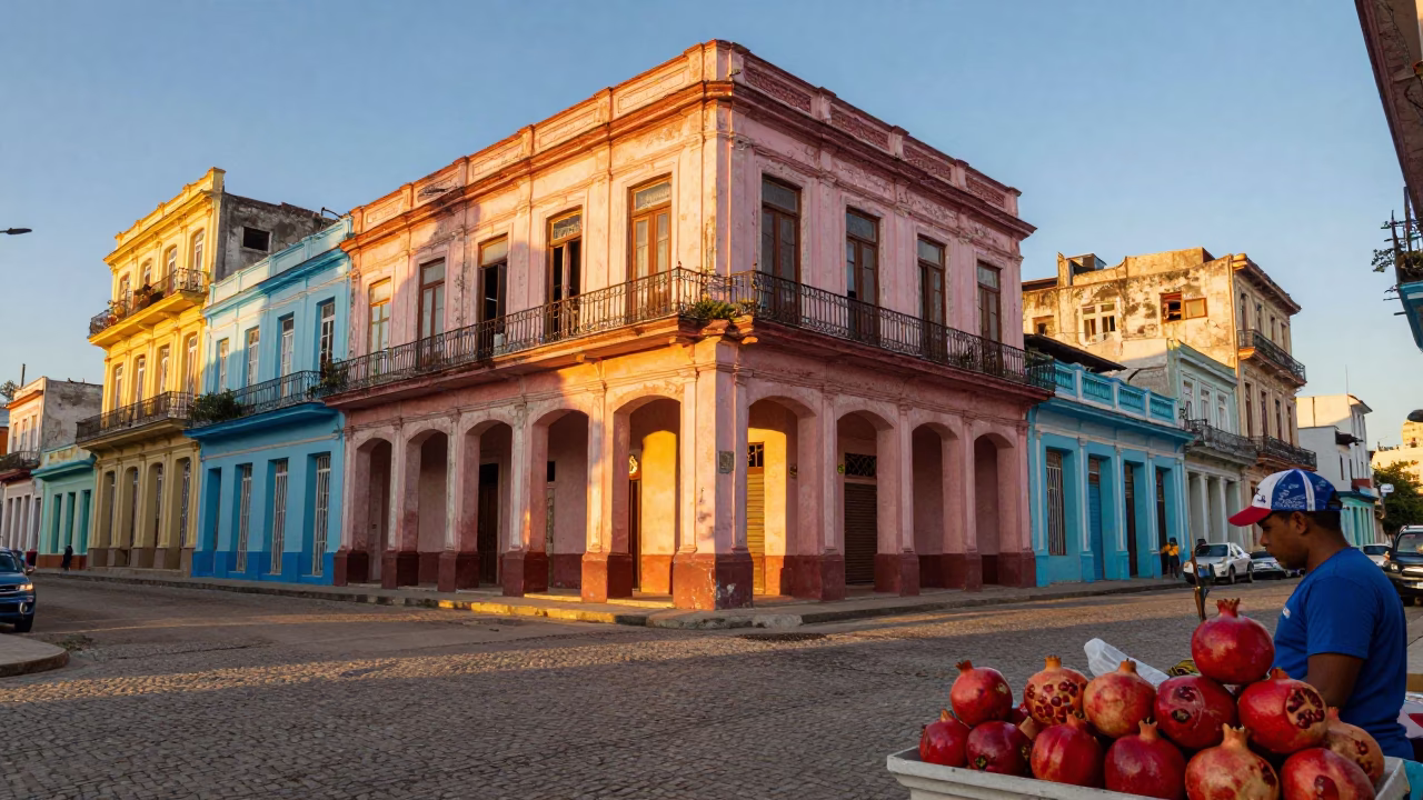 Vibrant Havana Street Scene at Sunset with Colorful Architecture and Local Market Activity in in Havana, Cuba