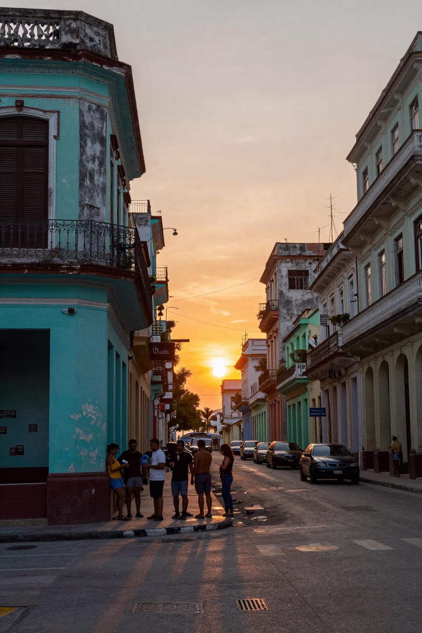 Vibrant Havana Street Scene at Sunset with Colorful Facades and Local Life in in Havana, Cuba