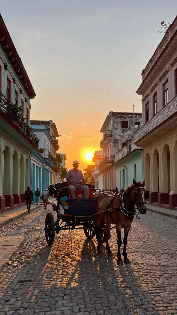 Vibrant Havana Street Scene at Sunset with Horse-Drawn Cart and Colonial Architecture in in Havana, Cuba