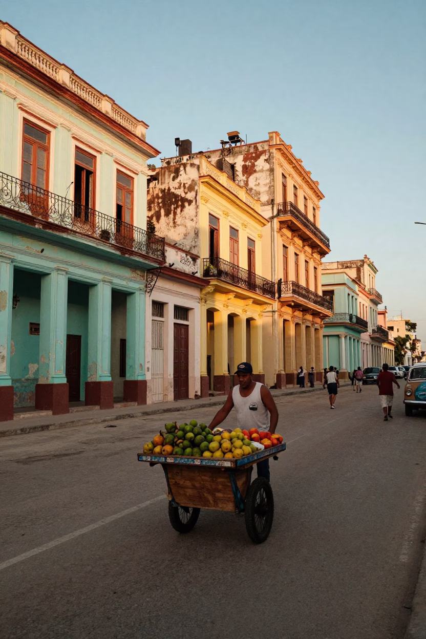 Vibrant Havana Street Scene at Sunset with Rolling Carts and Colorful Colonial Architecture in in Havana, Cuba