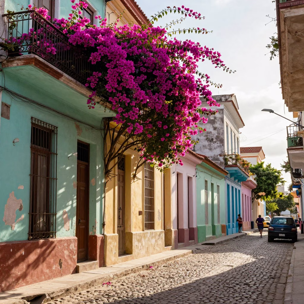 Vibrant Havana Street Scene Late Morning with Colorful Bougainvillea and Local Market Activity in in Havana, Cuba