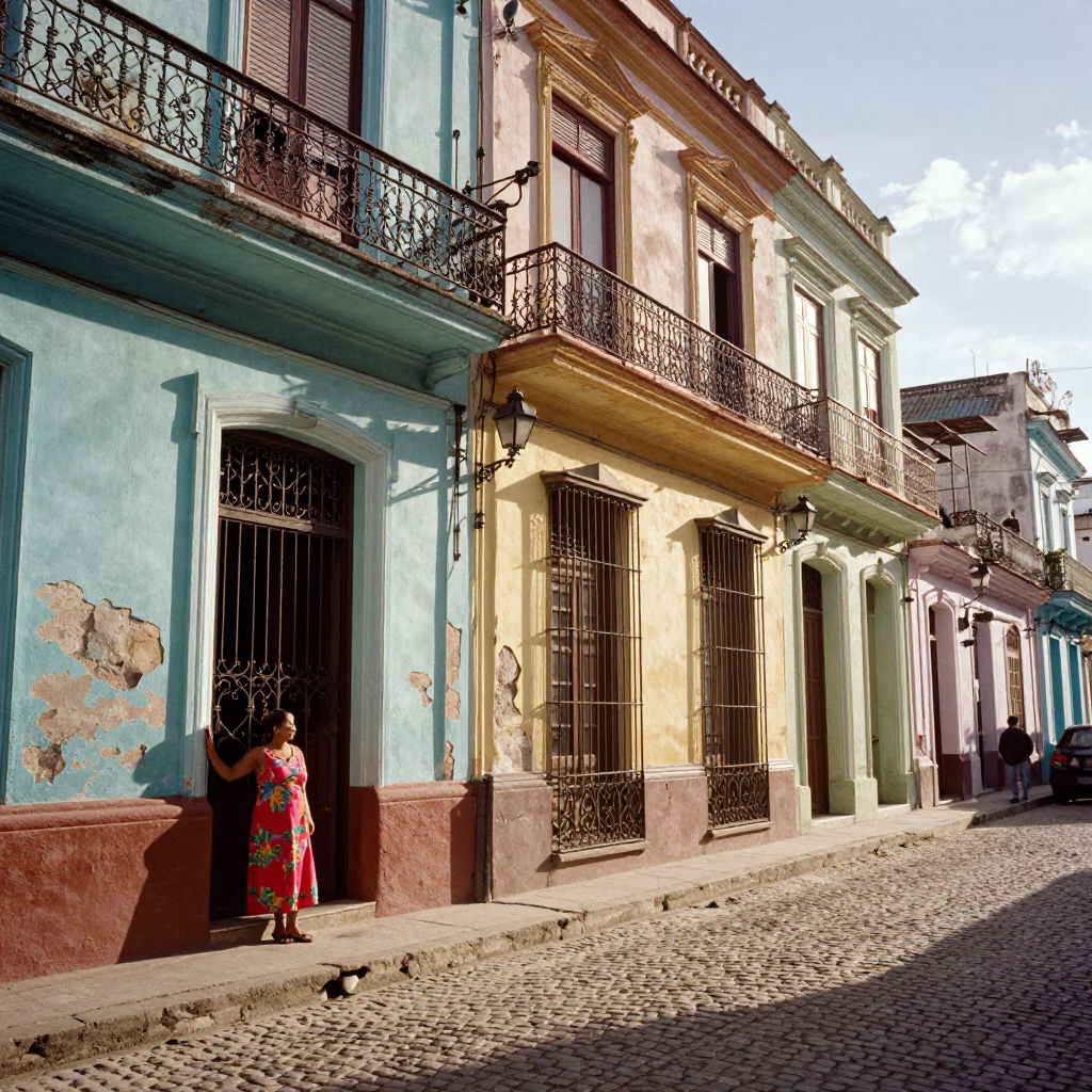 Vibrant Havana Street Scene Late Morning with Colorful Colonial Architecture and Local Life in in Havana, Cuba
