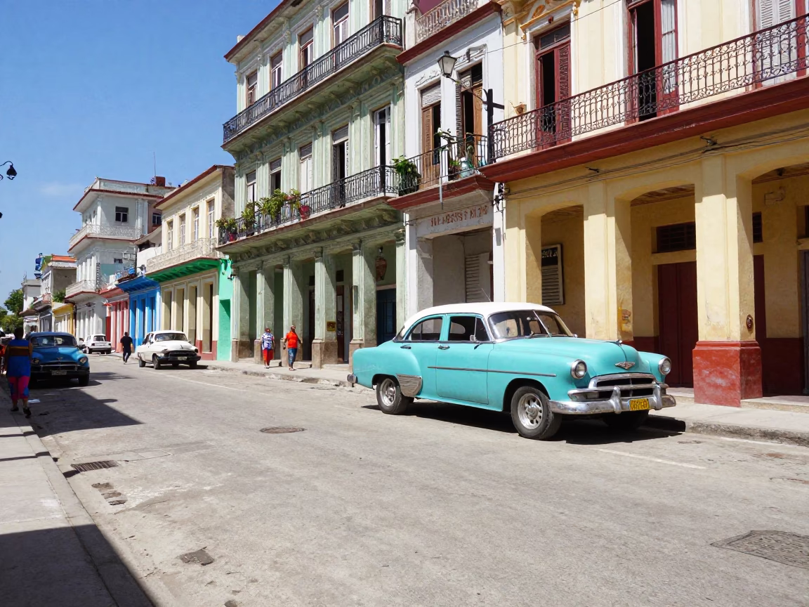 Vibrant Havana Street Scene Under Noon Sun with Vintage Cars and Local Life in in Havana, Cuba