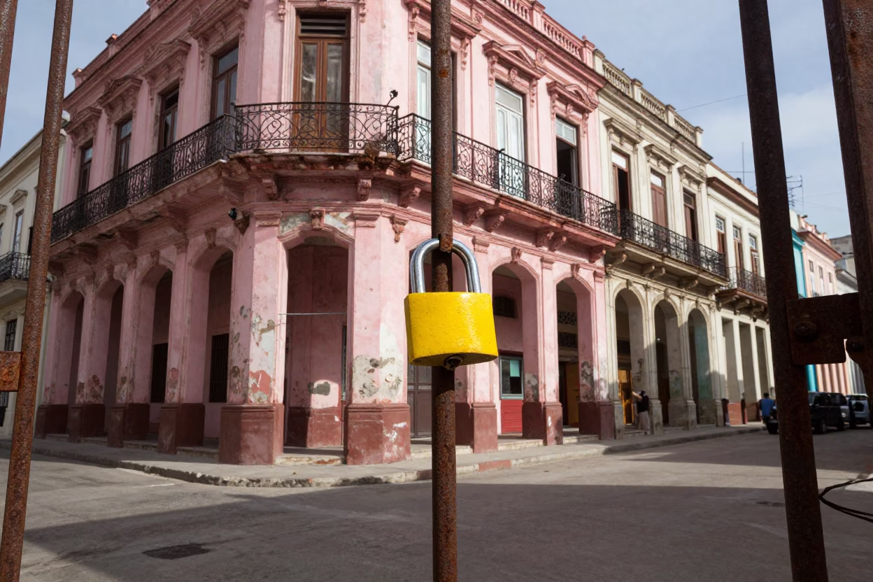 Vibrant Havana Street Scene with Yellow Padlock and Glass Pitcher in Early Afternoon Light in in Havana, Cuba