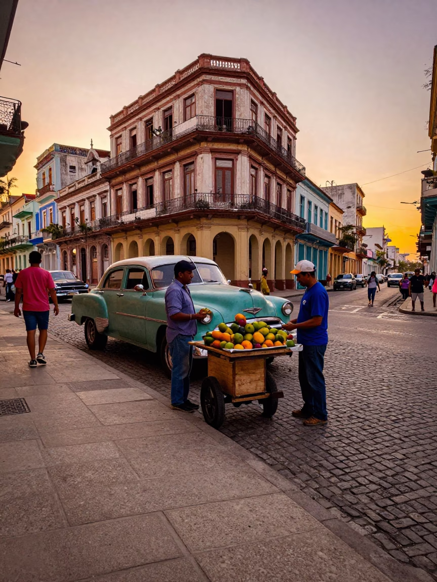 Vibrant Havana Sunset Street Scene with Classic Car and Local Life in in Havana, Cuba