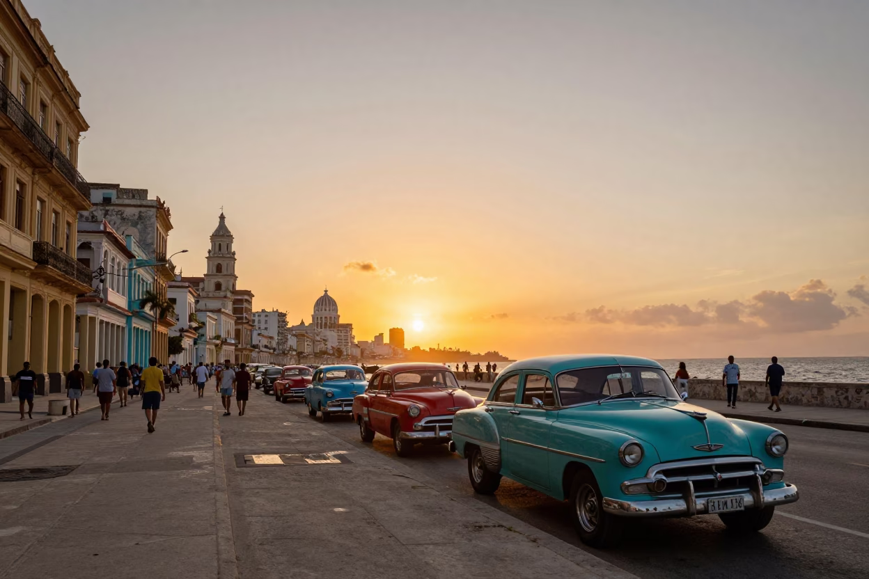 Vibrant Havana Sunset Street Scene with Colorful Classic Cars and Local Life in in Havana, Cuba