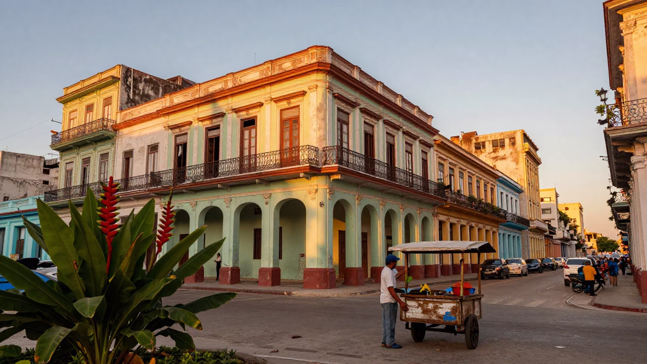 Vibrant Havana Sunset Street Scene with Heliconia Flowers and Classic Architecture in in Havana, Cuba