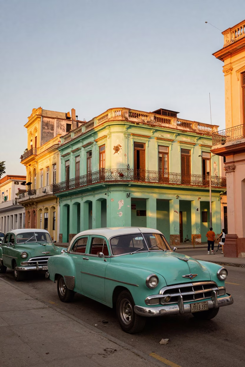 Vibrant Havana Sunset Street Scene with Vintage Cars and Local Life in in Havana, Cuba
