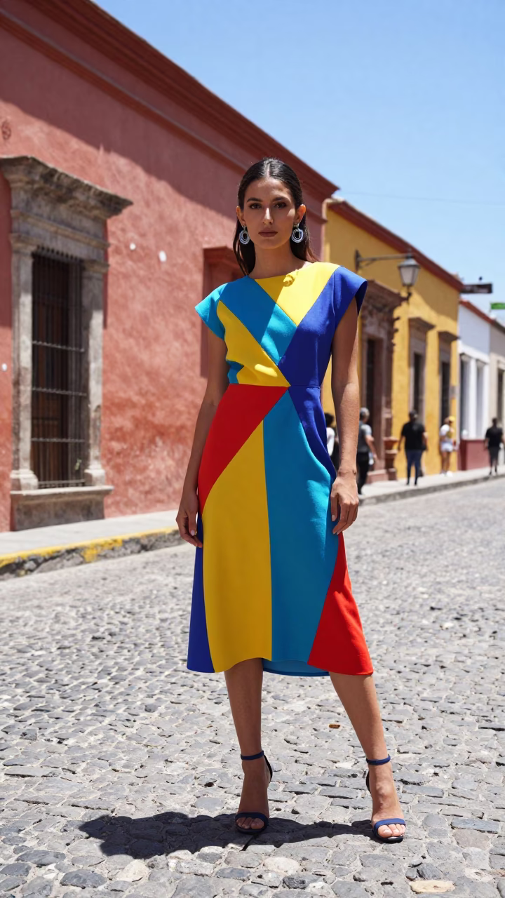 Vibrant High Fashion Portrait Amidst Oaxaca Street Life Under Harsh Noon Sunlight in in Oaxaca, Mexico