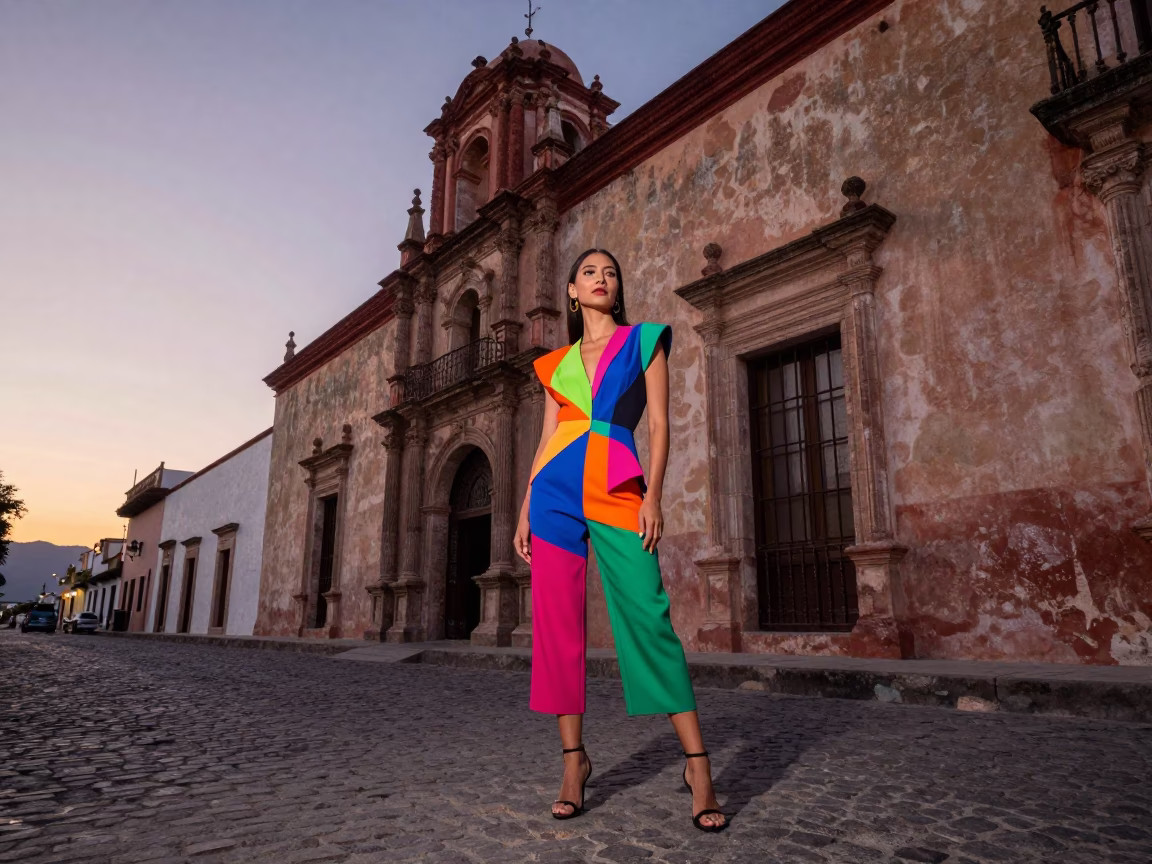 Vibrant High Fashion Portrait at Nautical Dawn in Historic Oaxaca Mexico in in Oaxaca, Mexico