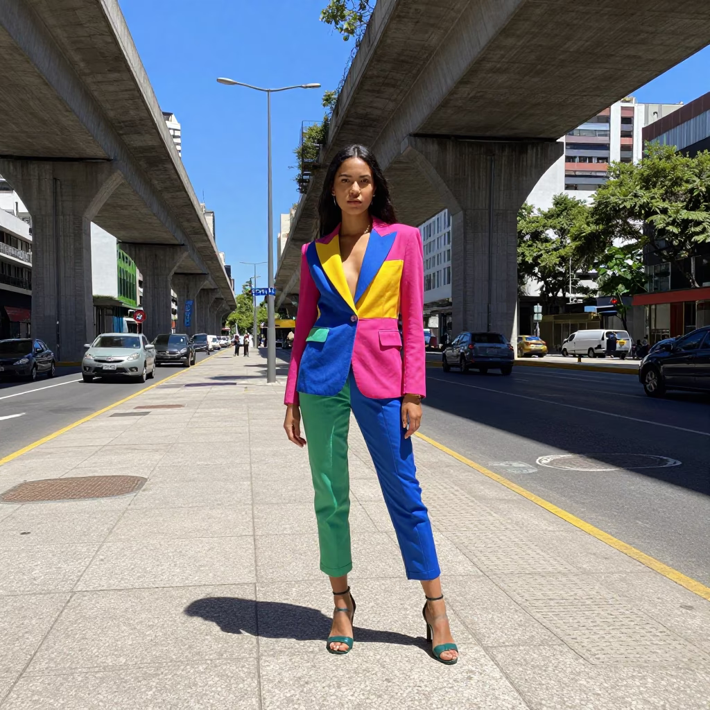 Vibrant High Fashion Portrait in Buenos Aires Midday Sunlight with Urban Concrete Background in in Buenos Aires, Argentina