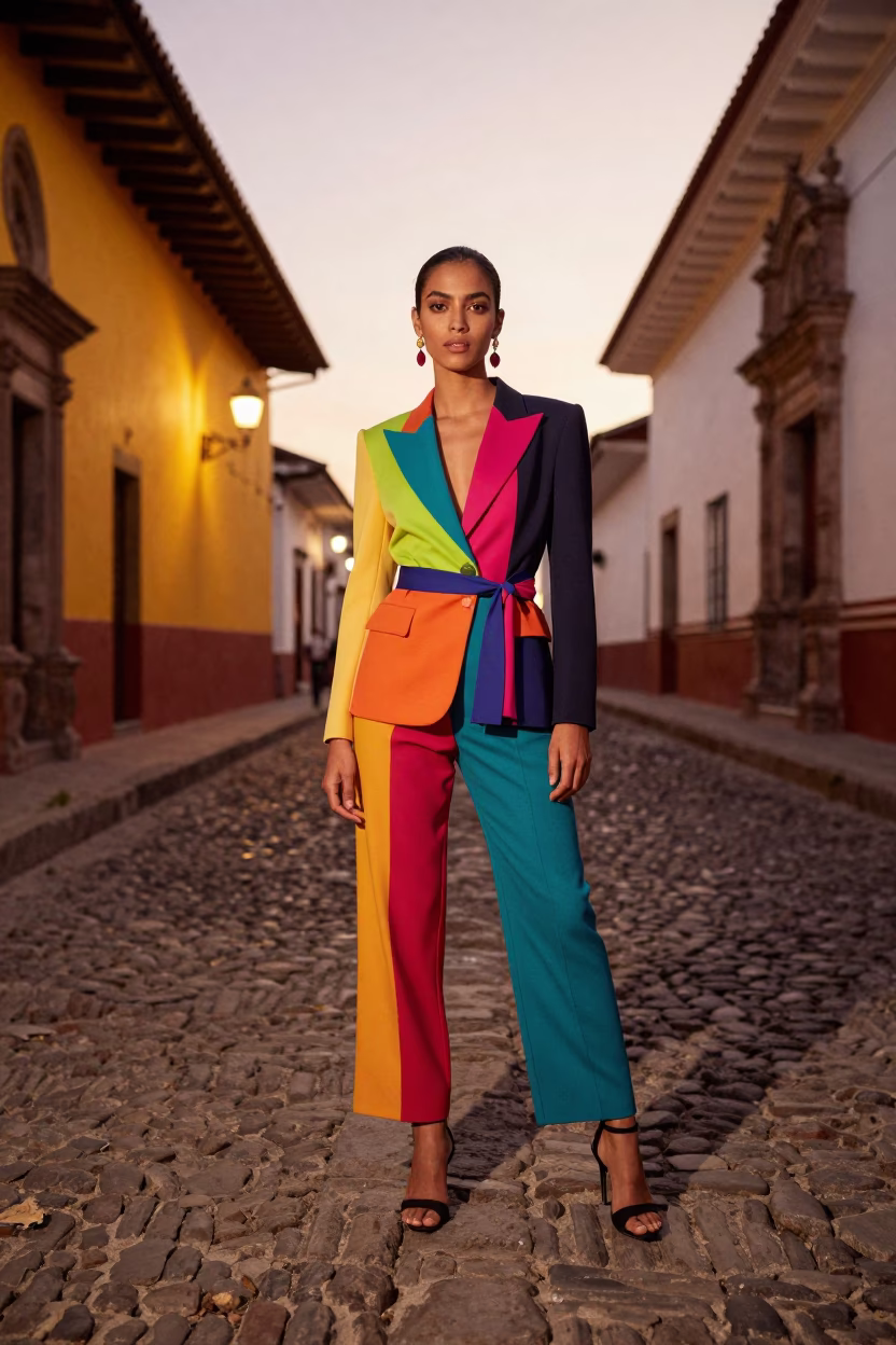 Vibrant High Fashion Portrait in Lima Peru Evening Light with Colorful Textiles in in Lima, Peru