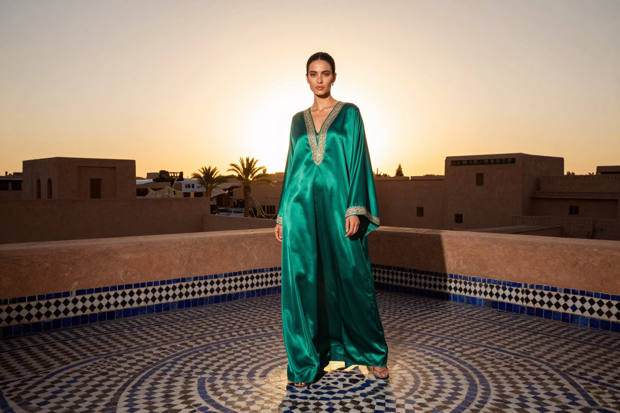 Vibrant High Fashion Portrait in Marrakech Medina at Golden Hour Sunset in in Marrakech, Morocco