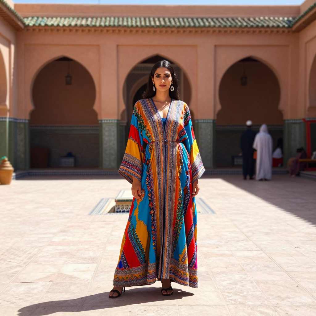 Vibrant High Fashion Portrait in Marrakech Medina Courtyard at High Noon in in Marrakech, Morocco