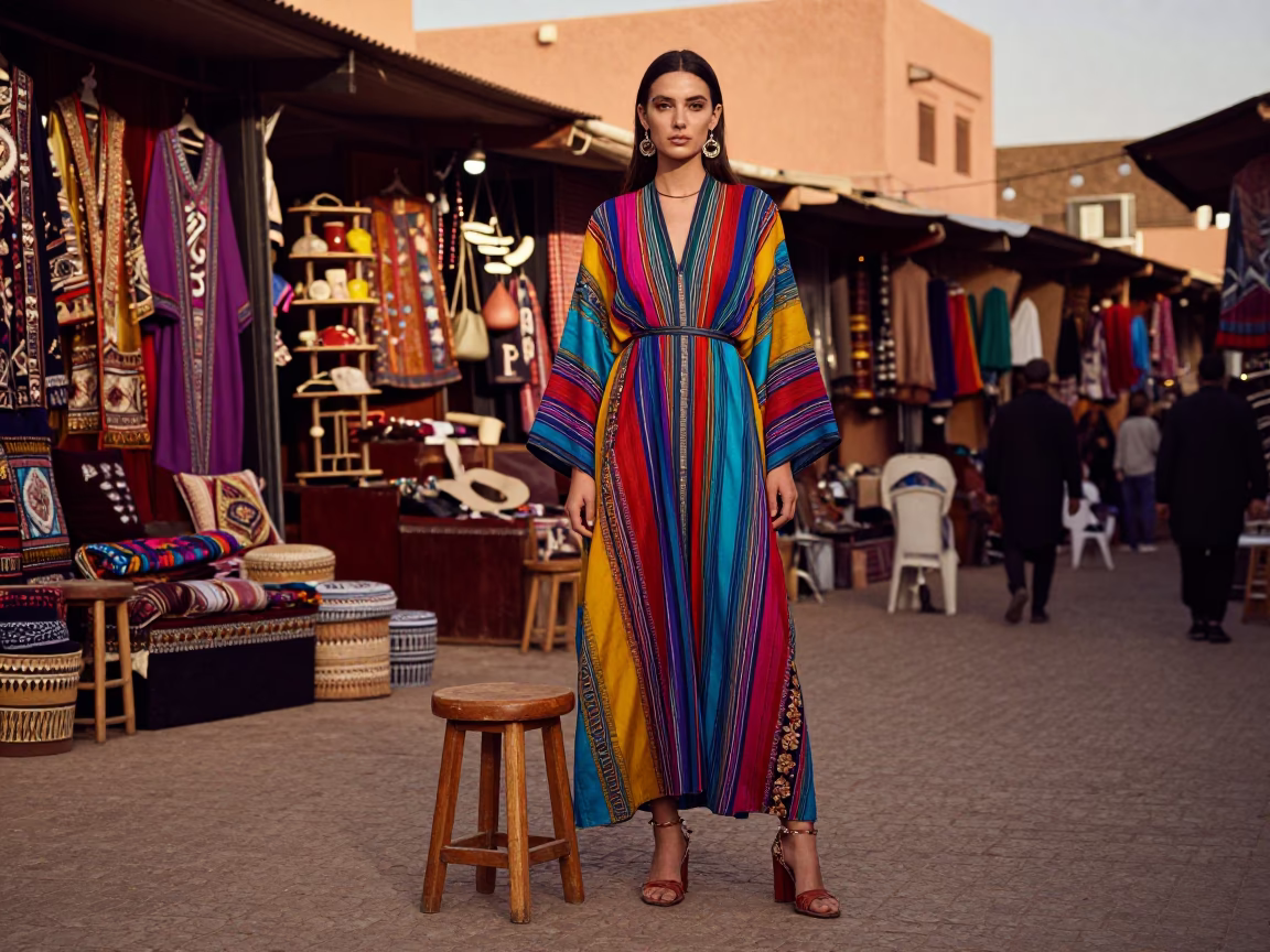 Vibrant High Fashion Portrait in Marrakech Souk with Wooden Stool in in Marrakech, Morocco