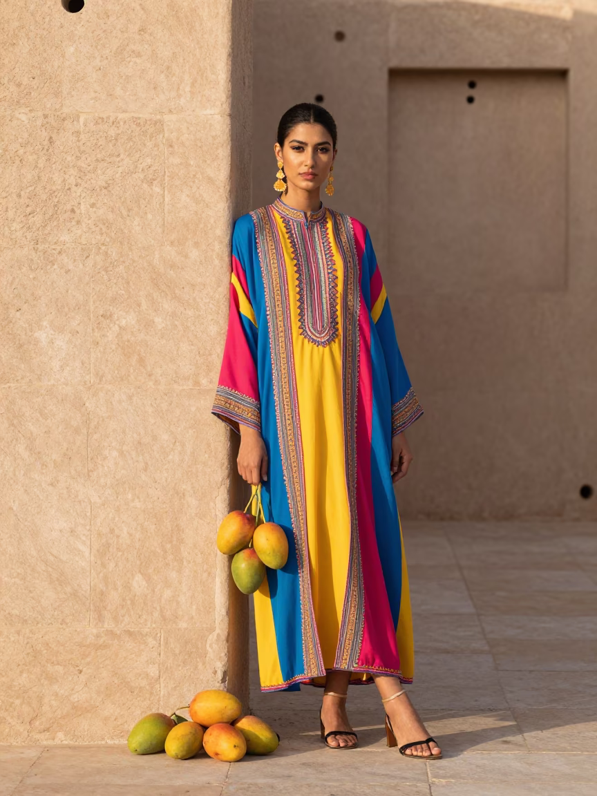 Vibrant High Fashion Portrait in Muscat Oman with Mangoes and Traditional Architecture in in Muscat, Oman